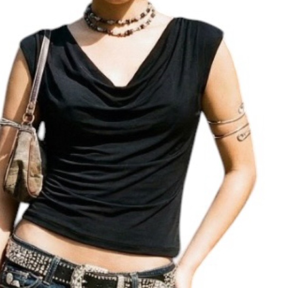 Vintage y2k 2000s  D.E.P.T Black Cowle Neck open back Bow party Blouse classic